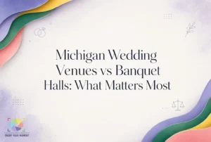 Pastel graphic with wavy borders and the text "Michigan Wedding Venues vs Banquet Halls: What Matters Most" in the center. Small icons and the logo "Enjoy Your Moment" decorate the background.