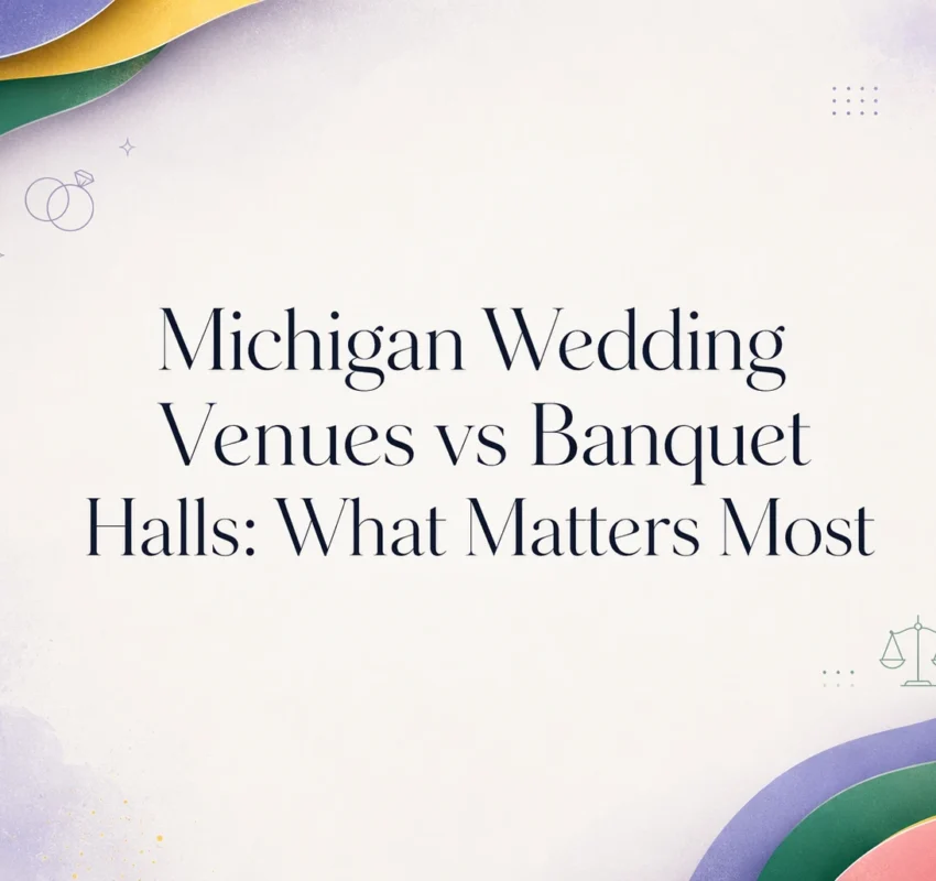 Pastel graphic with wavy borders and the text "Michigan Wedding Venues vs Banquet Halls: What Matters Most" in the center. Small icons and the logo "Enjoy Your Moment" decorate the background.