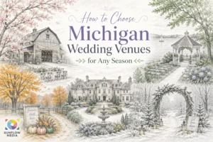 Illustrated wedding venues in Michigan across all seasons: a barn in spring, garden in summer by a lake, fall mansion, and a snowy arch in winter. Text reads, “How to Choose Michigan Wedding Venues for Any Season.”.