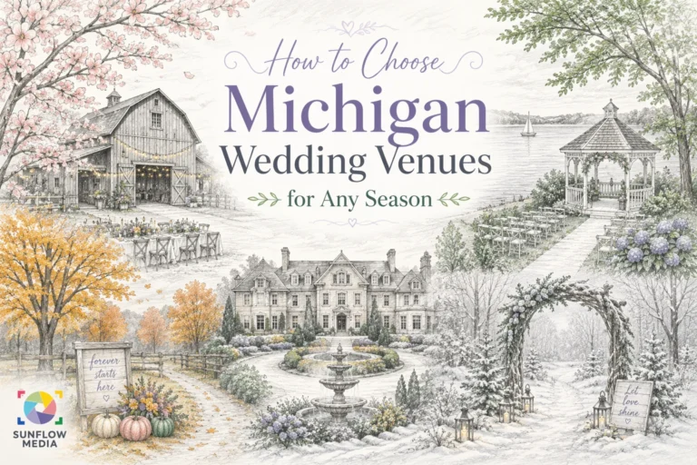 Illustrated wedding venues in Michigan across all seasons: a barn in spring, garden in summer by a lake, fall mansion, and a snowy arch in winter. Text reads, “How to Choose Michigan Wedding Venues for Any Season.”.