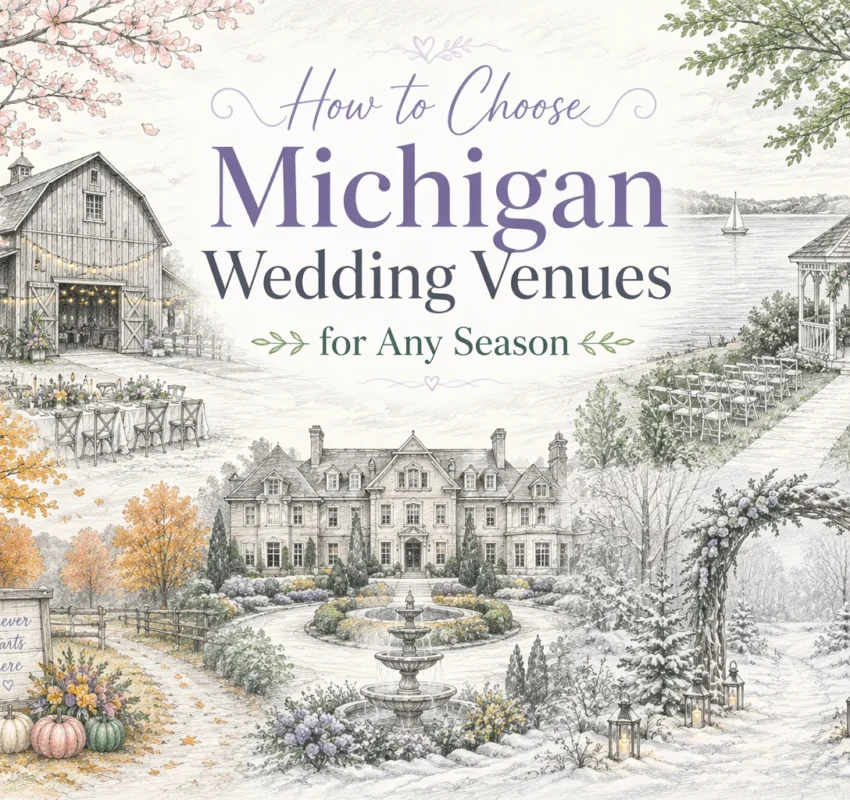 Illustrated wedding venues in Michigan across all seasons: a barn in spring, garden in summer by a lake, fall mansion, and a snowy arch in winter. Text reads, &ldquo;How to Choose Michigan Wedding Venues for Any Season.&rdquo;.