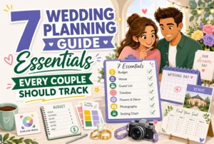 A cheerful couple plans their wedding, surrounded by essentials like a calendar, budget chart, camera, and floral palette, with text listing 7 key wedding planning items every couple should track.