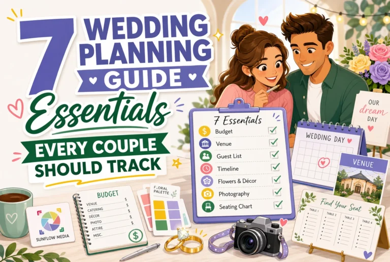 A cheerful couple plans their wedding, surrounded by essentials like a calendar, budget chart, camera, and floral palette, with text listing 7 key wedding planning items every couple should track.