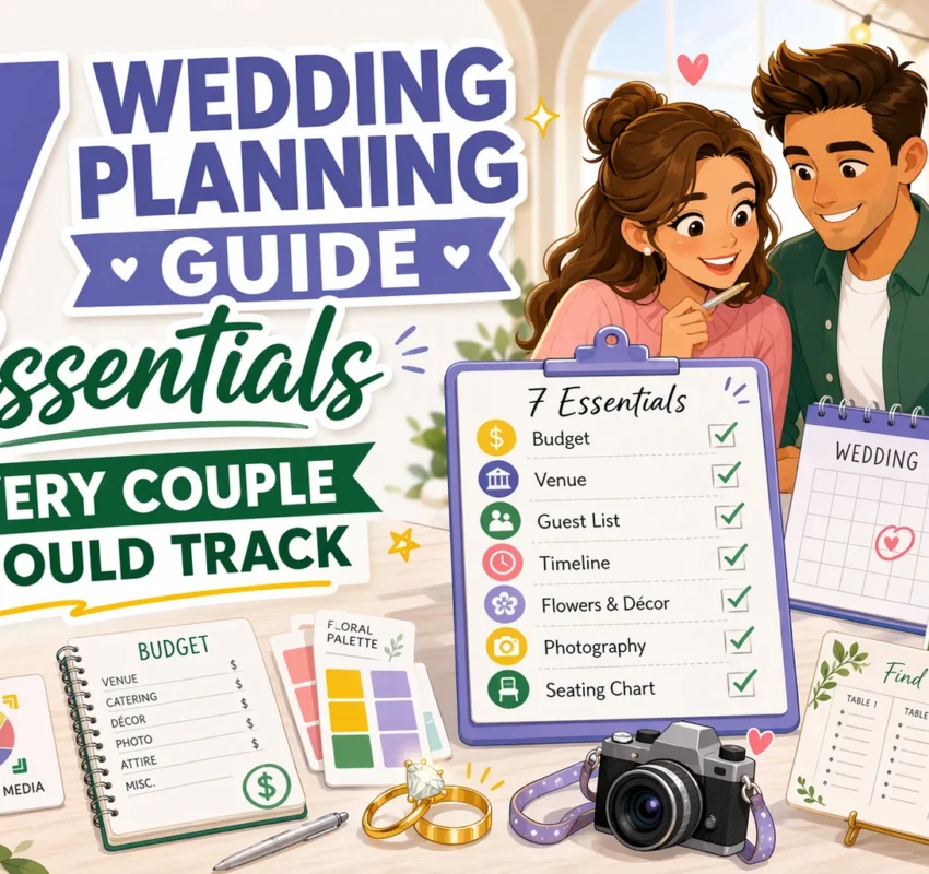 A cheerful couple plans their wedding, surrounded by essentials like a calendar, budget chart, camera, and floral palette, with text listing 7 key wedding planning items every couple should track.
