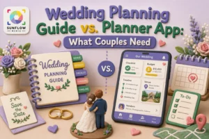 A wedding planning guide and a planner app are compared with decorative elements, a "Save the Date" card, rings, and a bride and groom figurine. The Sunflow Media logo is in the top left corner.