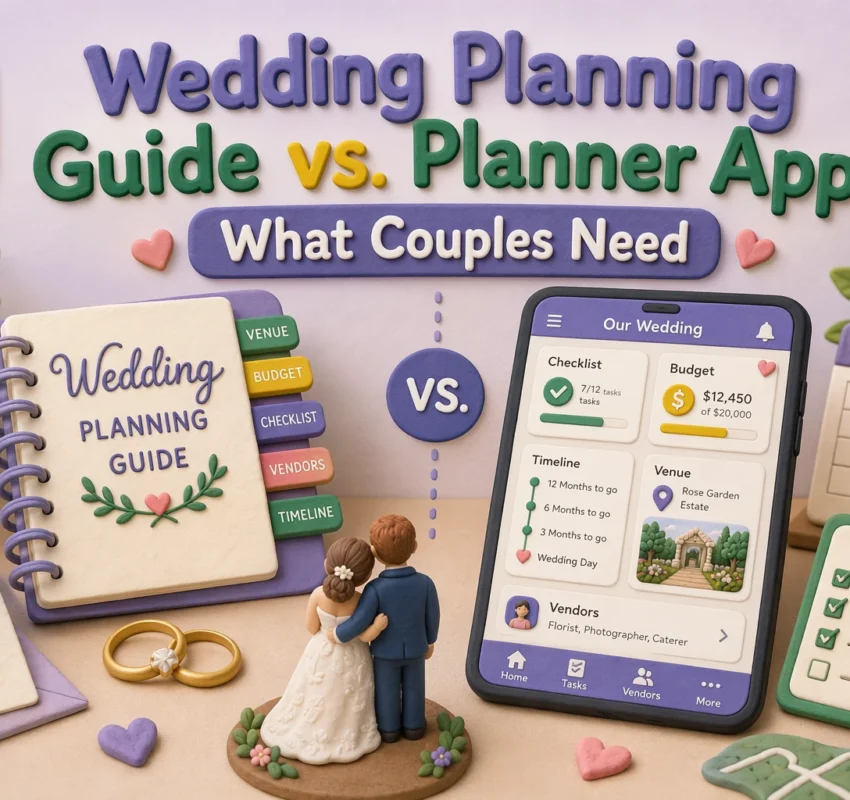 A wedding planning guide and a planner app are compared with decorative elements, a "Save the Date" card, rings, and a bride and groom figurine. The Sunflow Media logo is in the top left corner.