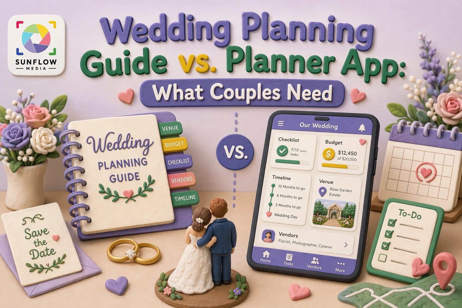 A wedding planning guide and a planner app are compared with decorative elements, a "Save the Date" card, rings, and a bride and groom figurine. The Sunflow Media logo is in the top left corner.
