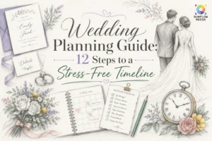 A pastel wedding planning guide illustration with a bride and groom, flowers, a clock, a checklist, timeline, and invitations. Text reads: "Wedding Planning Guide: 12 Steps to a Stress-Free Timeline.