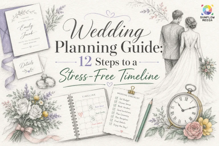 A pastel wedding planning guide illustration with a bride and groom, flowers, a clock, a checklist, timeline, and invitations. Text reads: "Wedding Planning Guide: 12 Steps to a Stress-Free Timeline.