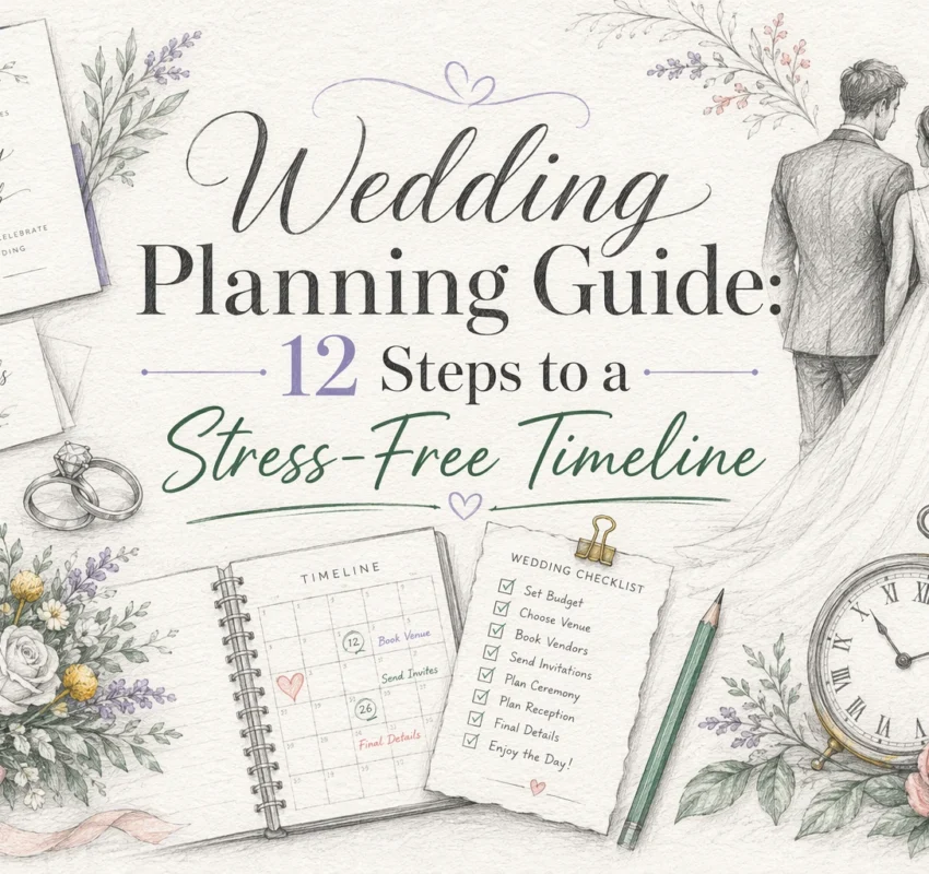 A pastel wedding planning guide illustration with a bride and groom, flowers, a clock, a checklist, timeline, and invitations. Text reads: "Wedding Planning Guide: 12 Steps to a Stress-Free Timeline.