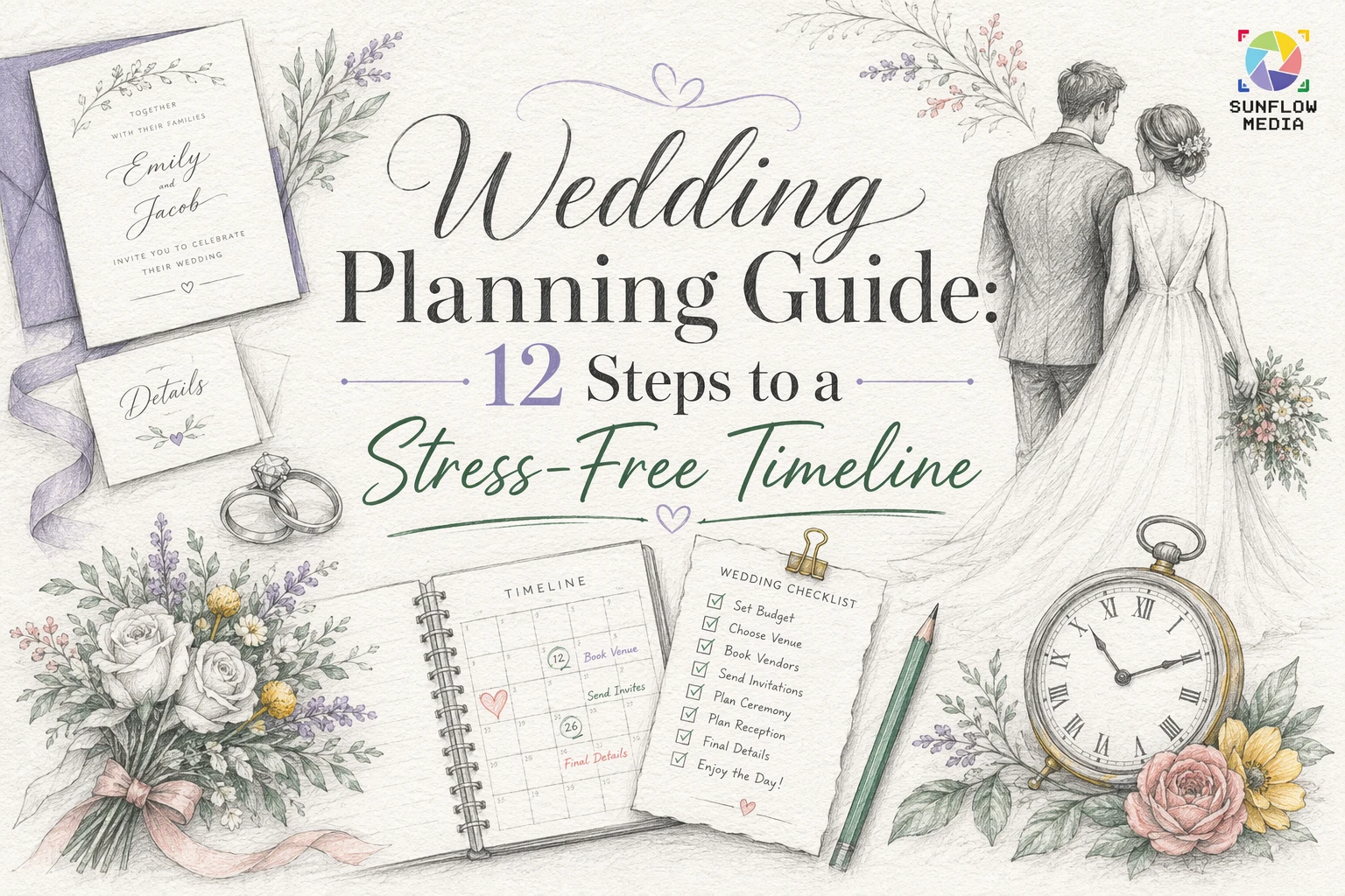 A pastel wedding planning guide illustration with a bride and groom, flowers, a clock, a checklist, timeline, and invitations. Text reads: "Wedding Planning Guide: 12 Steps to a Stress-Free Timeline.