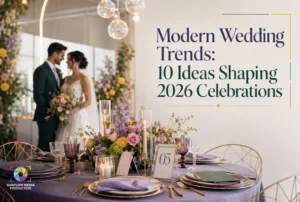 Elegant wedding table with flowers and tableware in the foreground; bride and groom stand by floral arch in background. Text reads: “Modern Wedding Trends: 10 Ideas Shaping 2026 Celebrations.”.