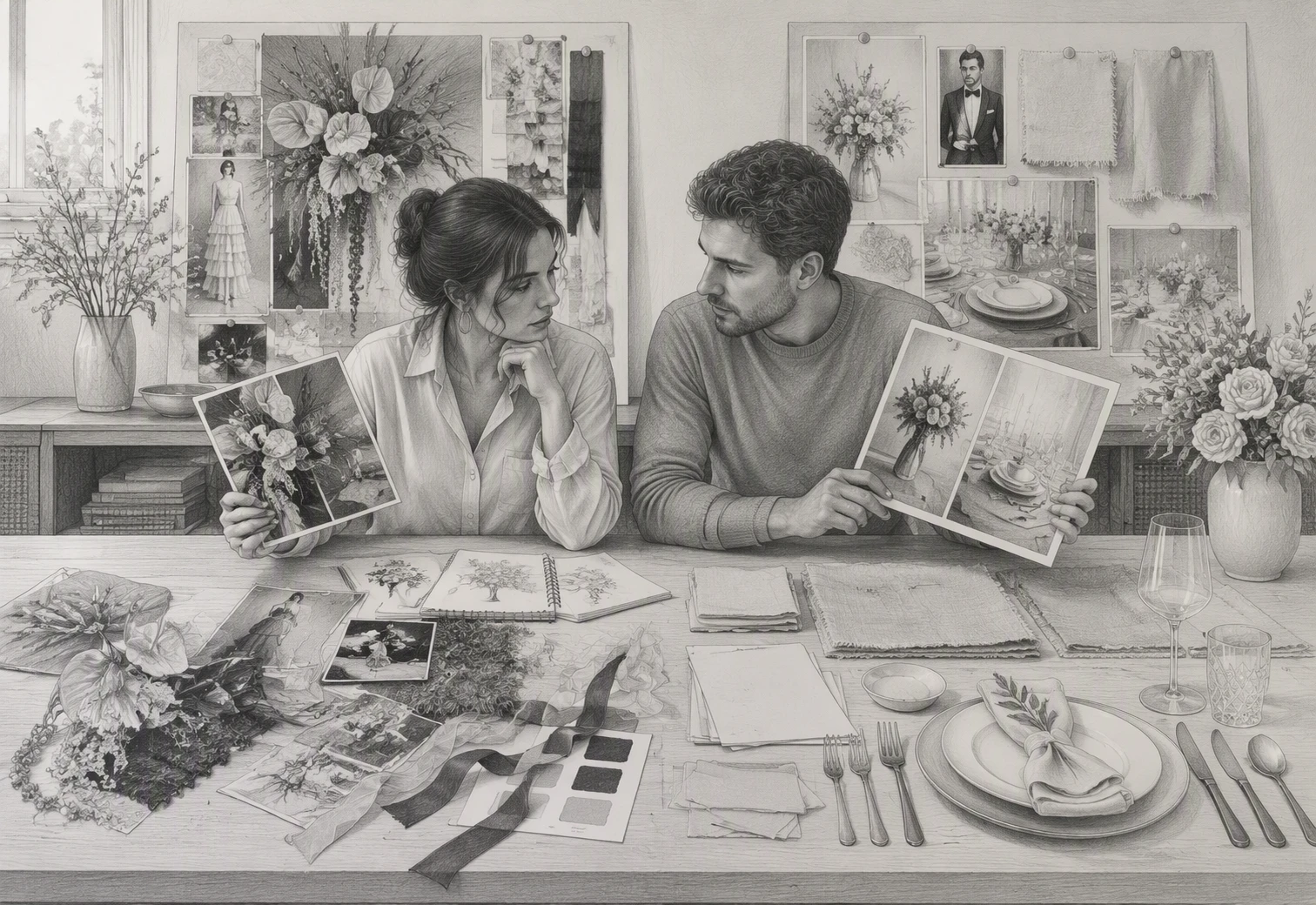 Couple reviewing mood boards with bold florals and classic linens