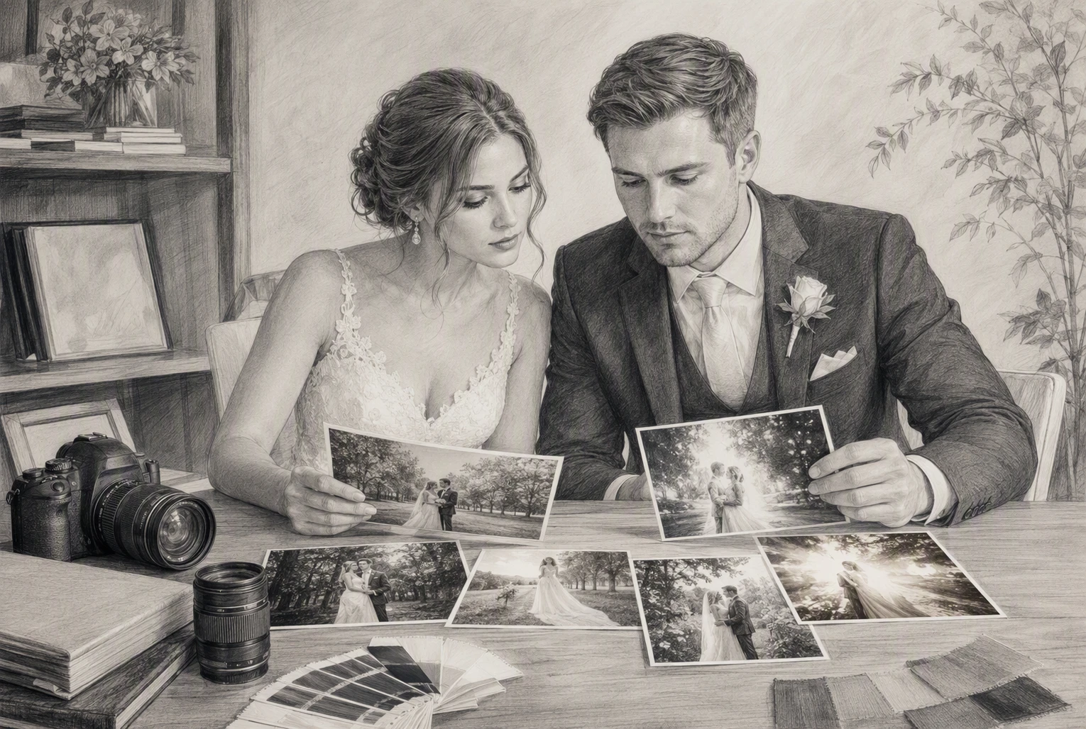 Bride and groom comparing natural and filtered wedding photos