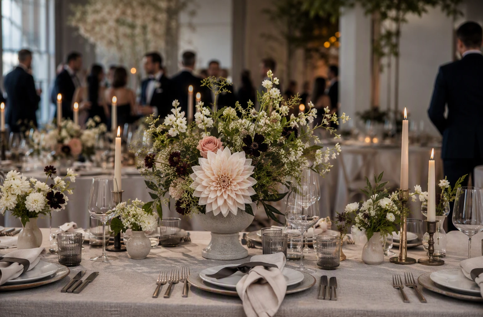 Elegant wedding reception with structured floral arrangements