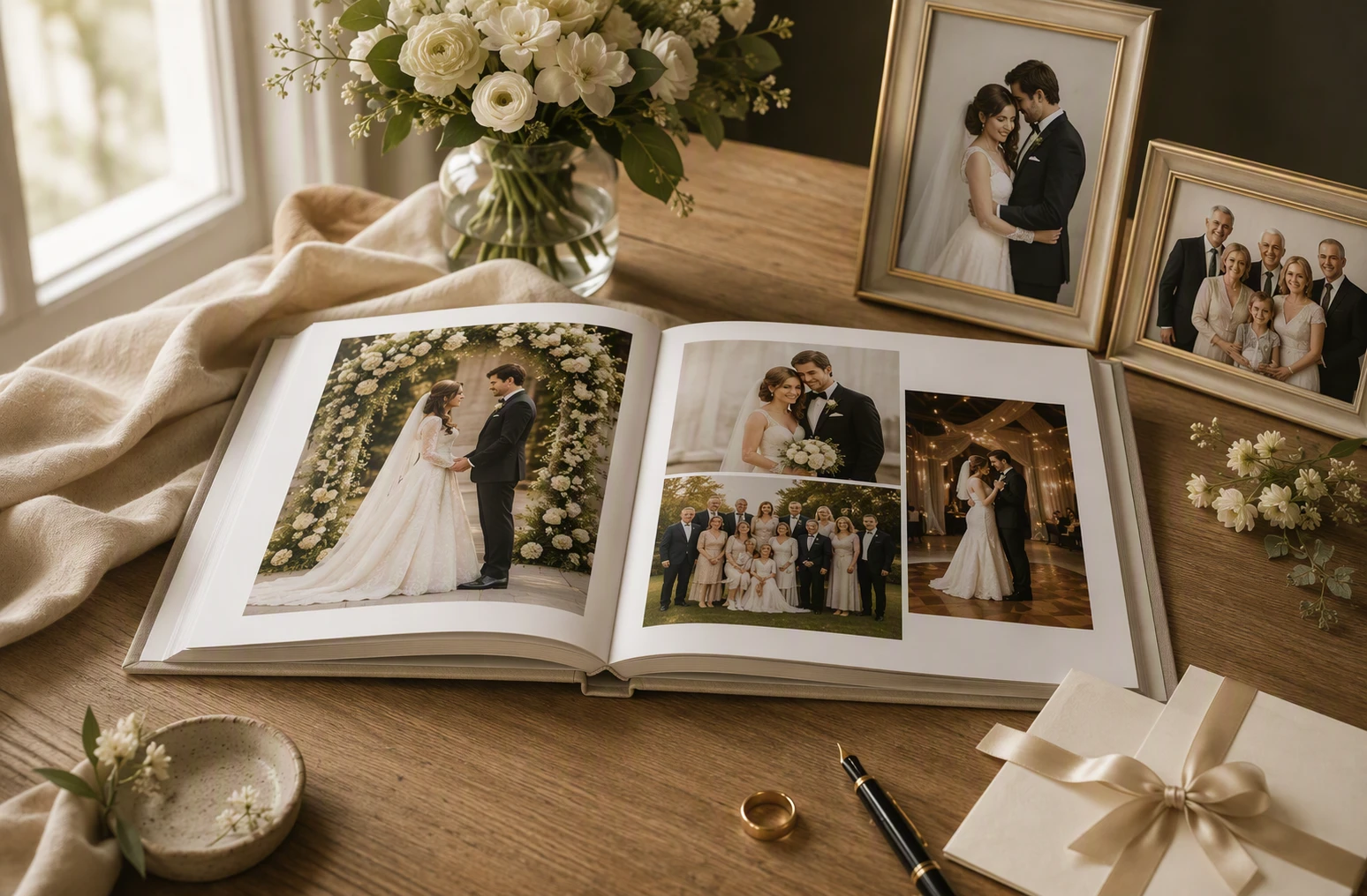 Wedding album open to cherished moments beside framed photos