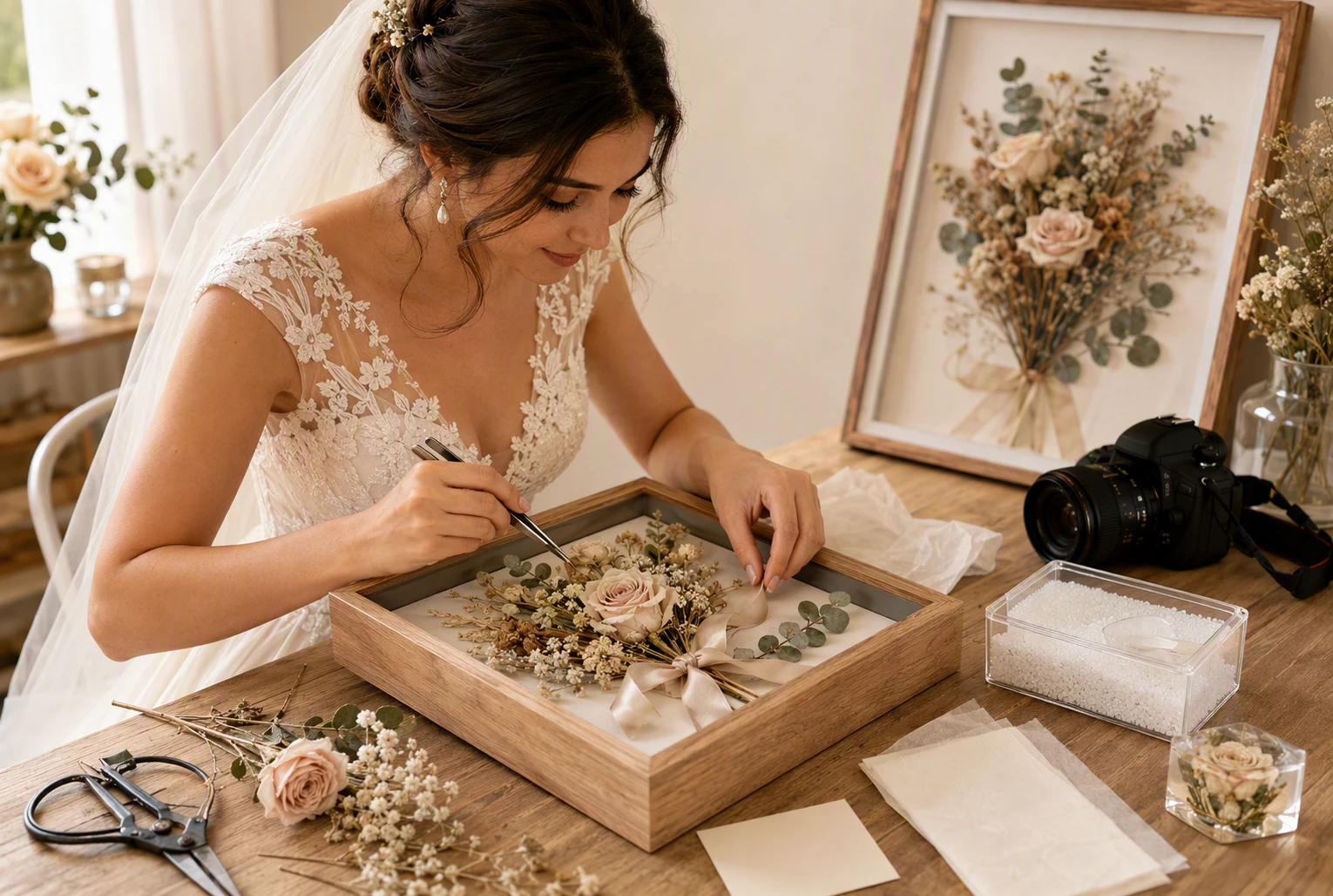 Dried wedding bouquet preserved in a shadow box