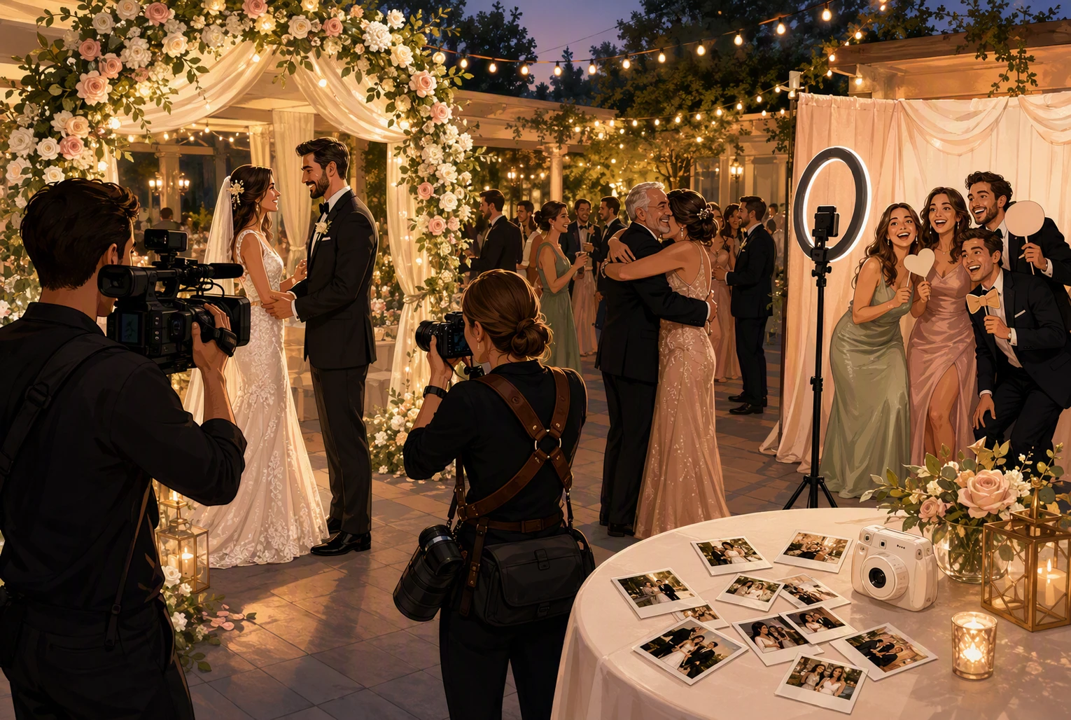 Photographer captures vows while guests enjoy photo booth fun