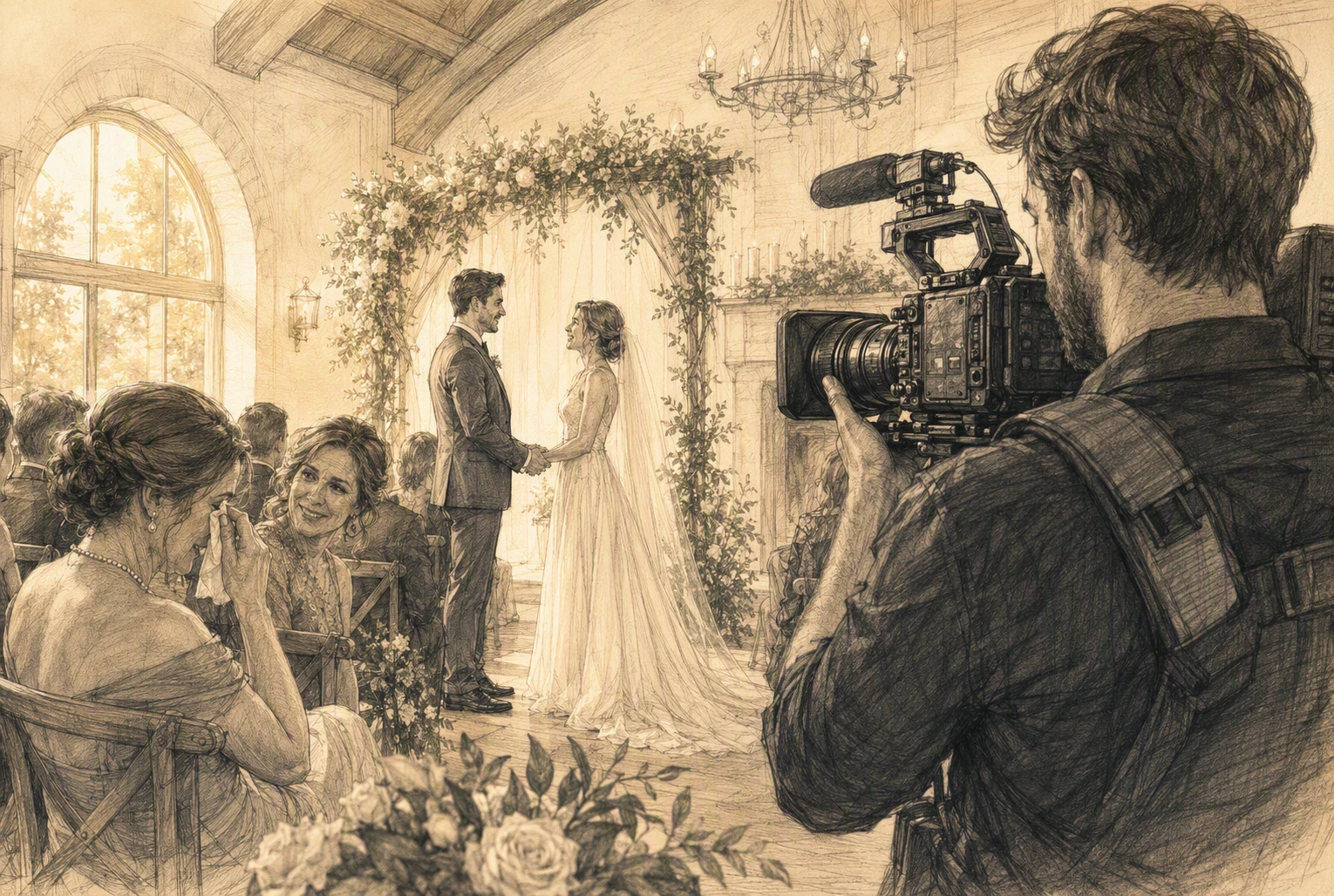 Couple exchanging vows amid emotional guest reactions Videographer frames the intimate wedding highlight moment