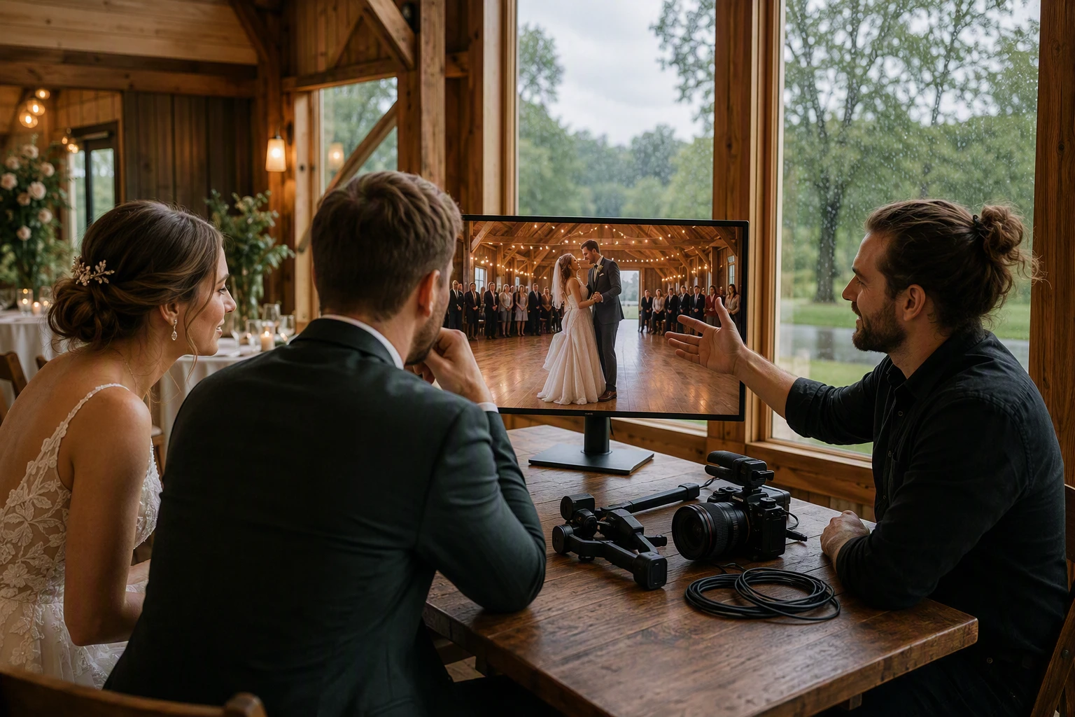 Couple reviewing wedding footage with videographer in Michigan barn