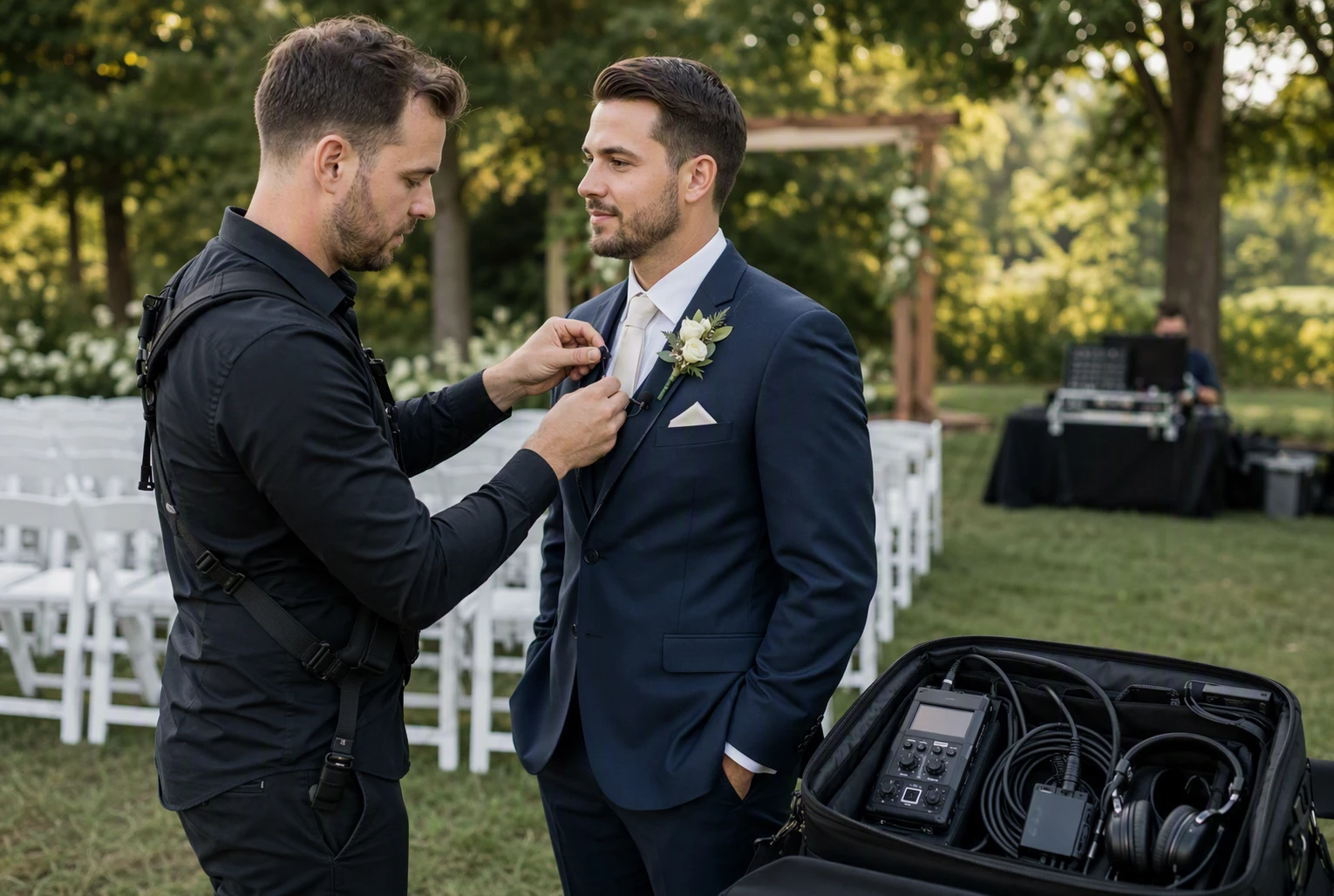 Lavalier mic setup before outdoor wedding ceremony