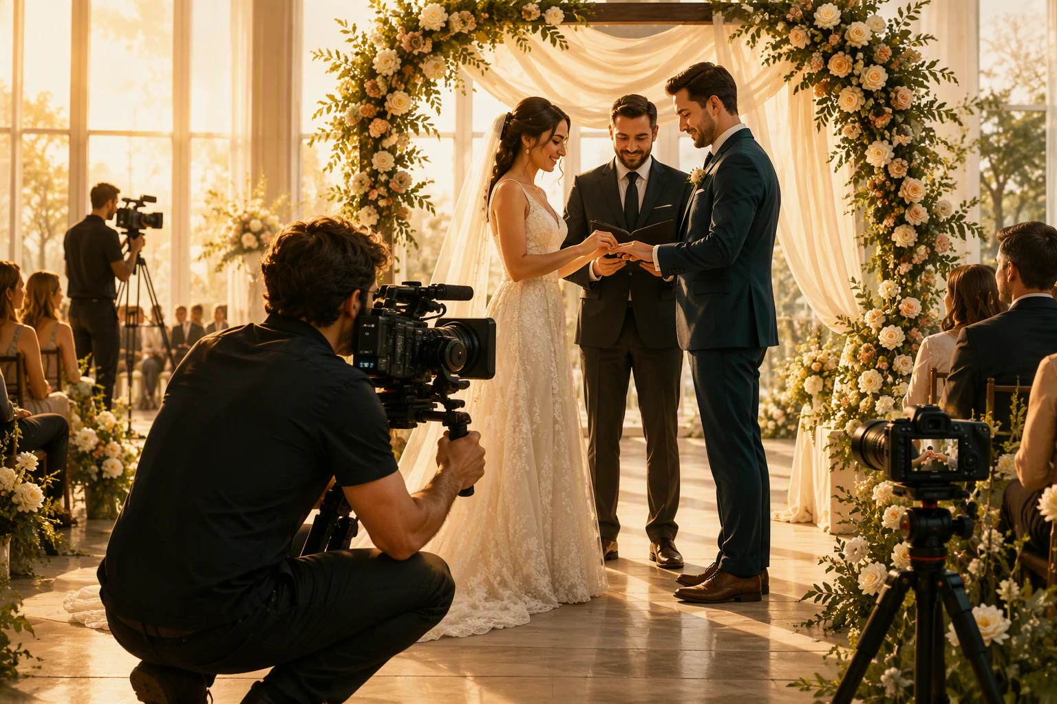 A bride and groom exchange rings under a flower arch at an indoor wedding ceremony, with a photographer filming them and guests seated around, bathed in warm sunlight.