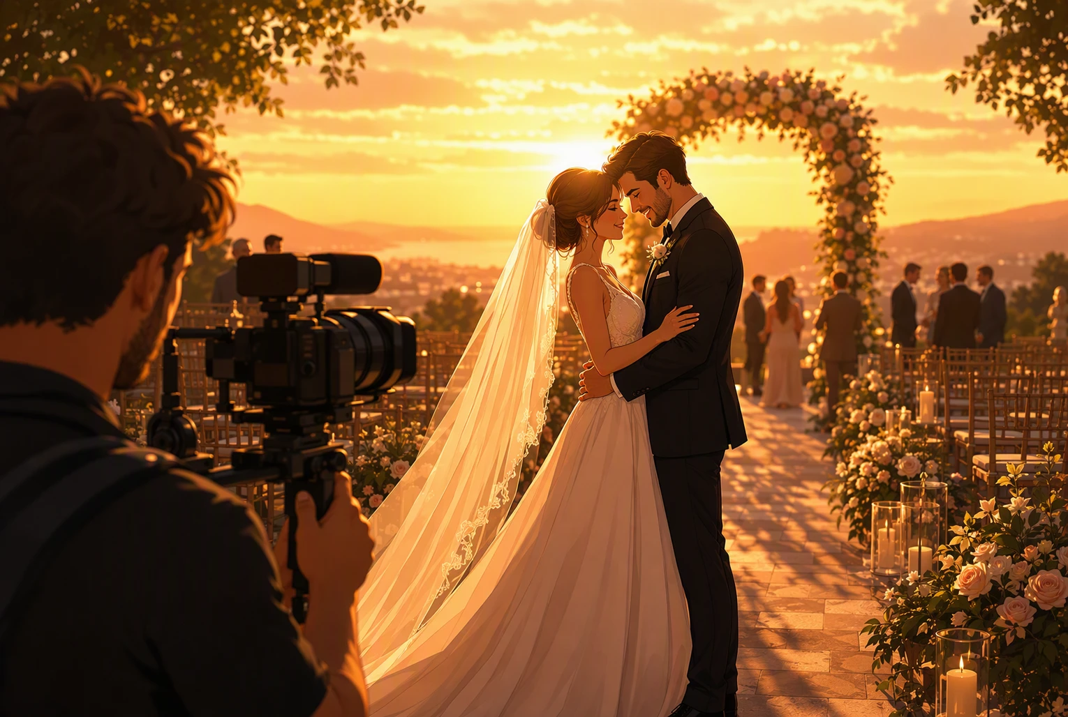 Sunset portraits bride and groom candlelit ceremony glow