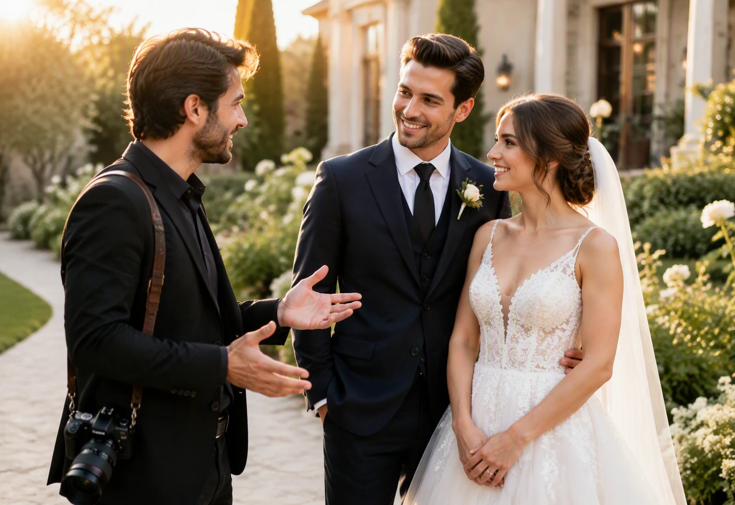 Photographer guiding a couple in a sunlit garden