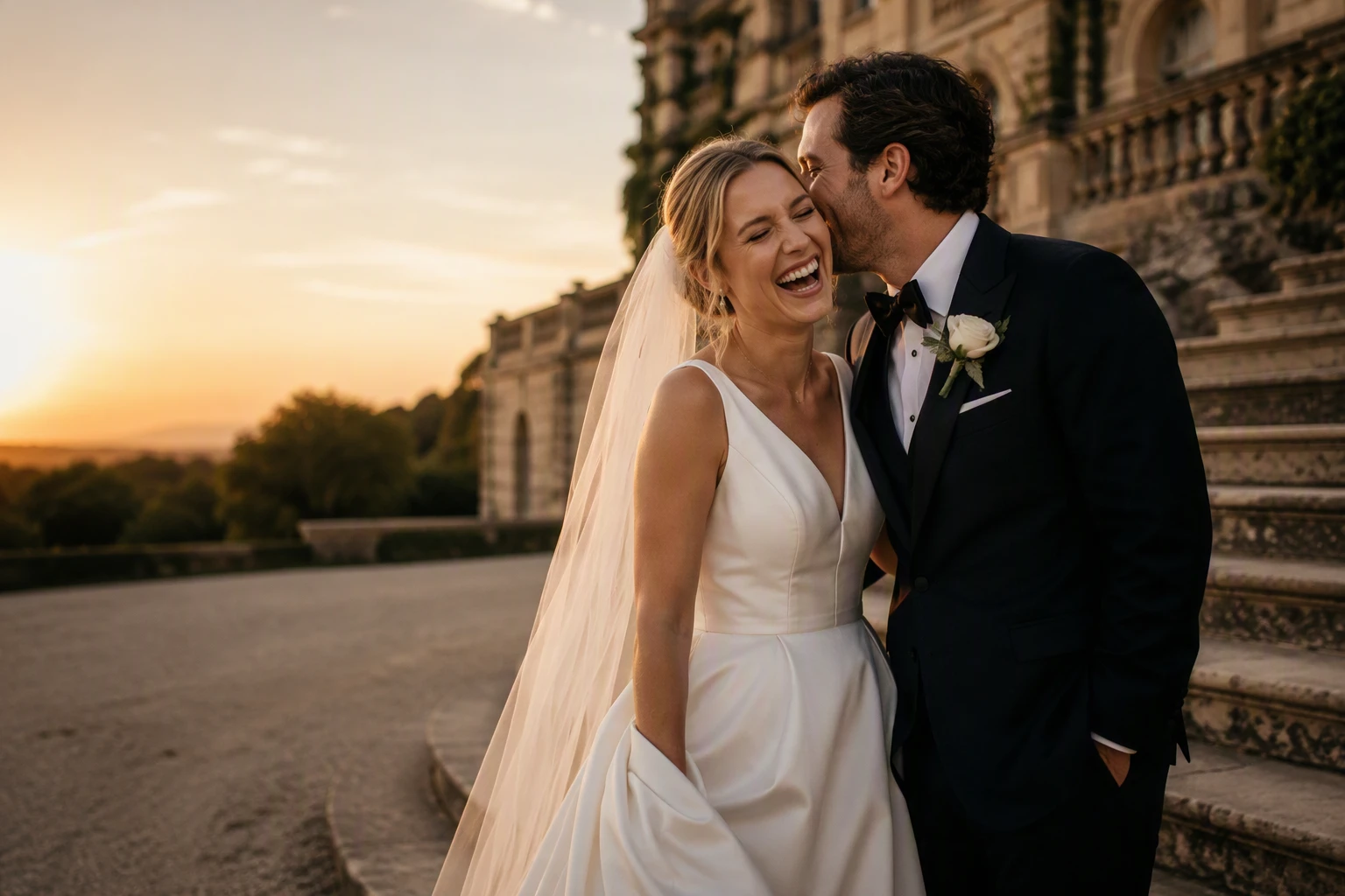 Newlyweds sharing a quiet laugh on stone steps at golden hour