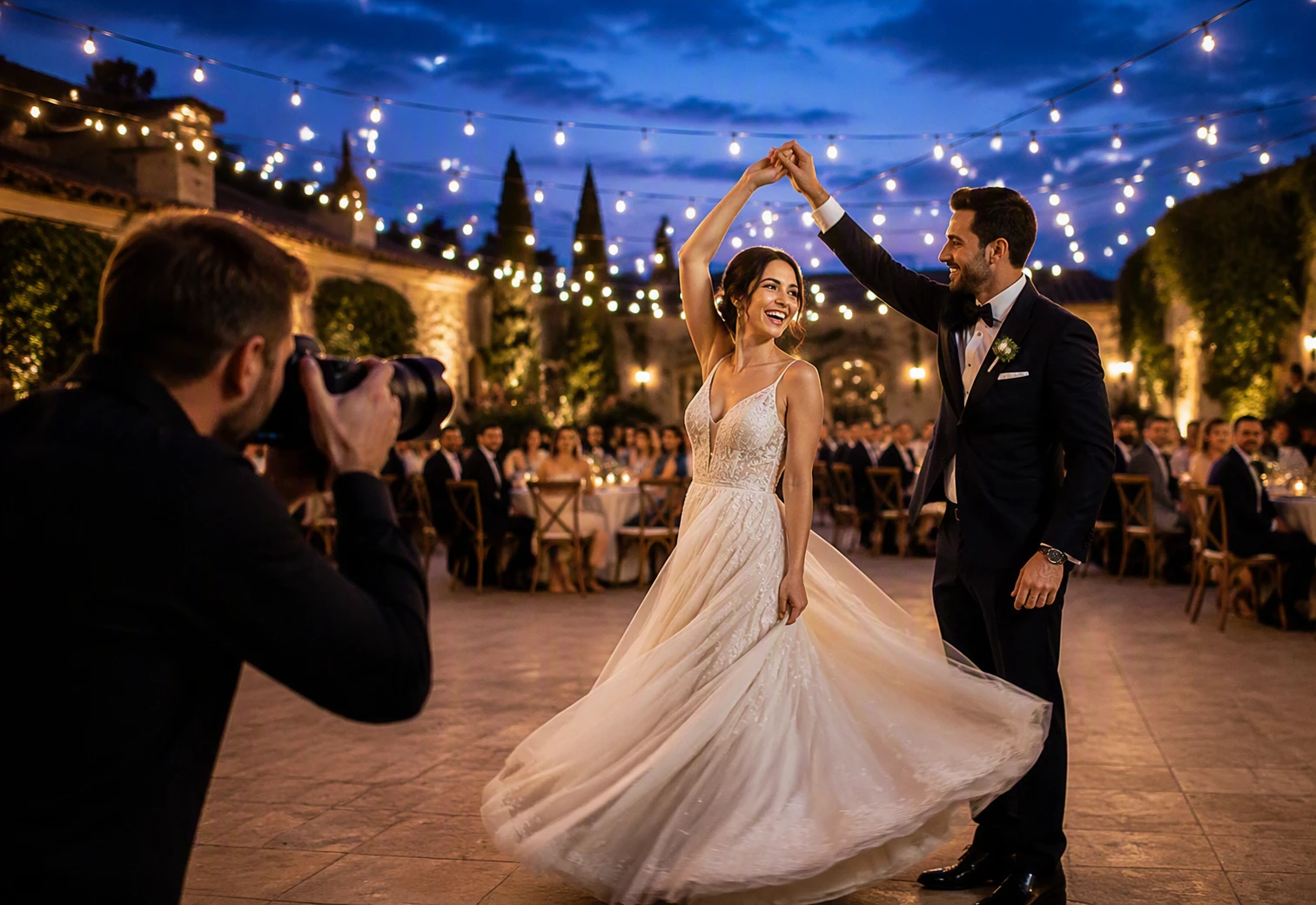 Photographer captures laughing couple mid-twirl under dusk lights