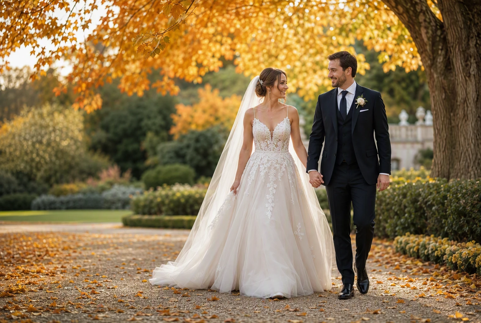 Couple begins slow walk hand in hand under autumn trees