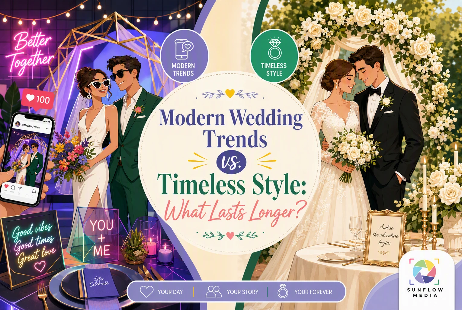 Split image: left side shows a trendy wedding with neon lights and selfies, right side a classic wedding with elegant decor. Center text reads, “Modern Wedding Trends vs. Timeless Style: What Lasts Longer?”.