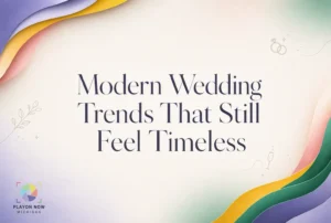Text “Modern Wedding Trends That Still Feel Timeless” on a pastel background with layered paper-like edges in yellow, purple, pink, and green. Small wedding-themed doodles and the PlayOn Now Michigan logo are also present.