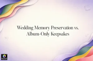 Text reads “Wedding Memory Preservation vs. Album-Only Keepsakes” on a soft pastel background with abstract wavy lines and faint icons of a camera, book, cube, and heart.