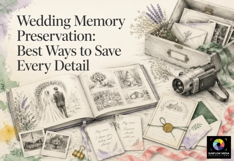 Open scrapbook with wedding photos, camera, envelopes, lavender, and stationery on a table. Text reads: “Wedding Memory Preservation: Best Ways to Save Every Detail.” Sunflow Media logo in the corner. Vintage and elegant theme.