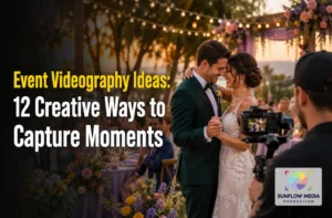 A bride and groom dance outdoors at sunset, surrounded by guests and string lights. A videographer films the moment. Text on image promotes event videography ideas.