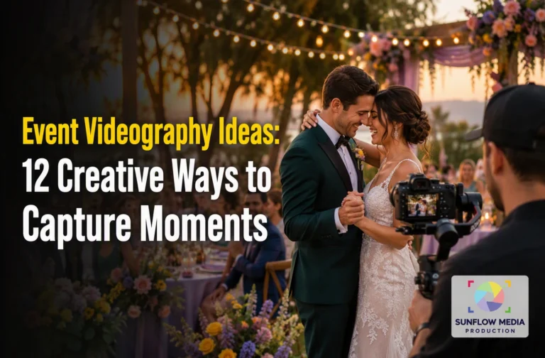 A bride and groom dance outdoors at sunset, surrounded by guests and string lights. A videographer films the moment. Text on image promotes event videography ideas.