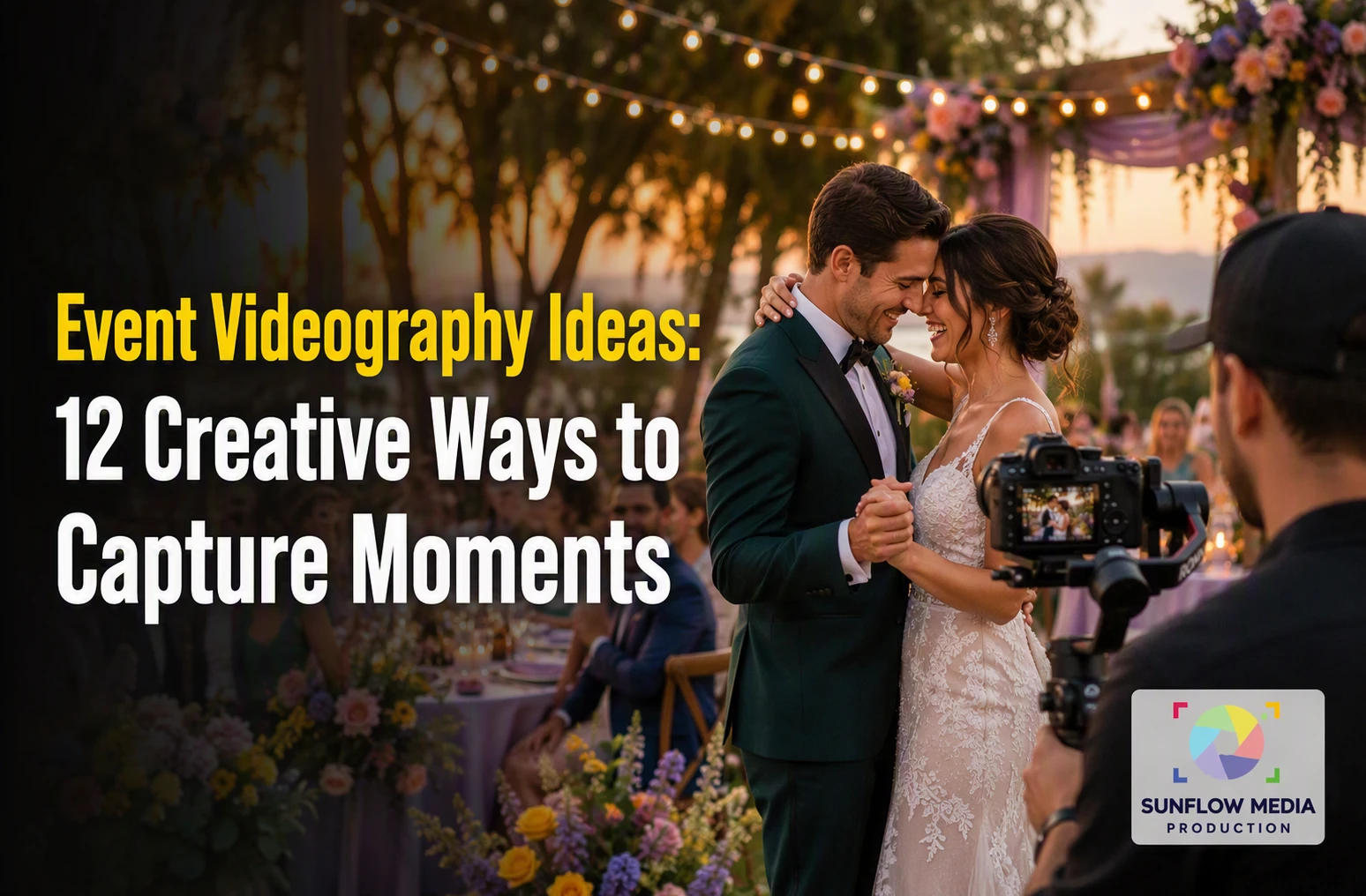 A bride and groom dance outdoors at sunset, surrounded by guests and string lights. A videographer films the moment. Text on image promotes event videography ideas.