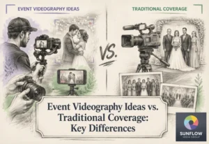 A split image contrasts event videographers using modern equipment with traditional wedding photographers; below, text reads, “Event Videography Ideas vs. Traditional Coverage: Key Differences.” Sunflow Media Group logo in corner.
