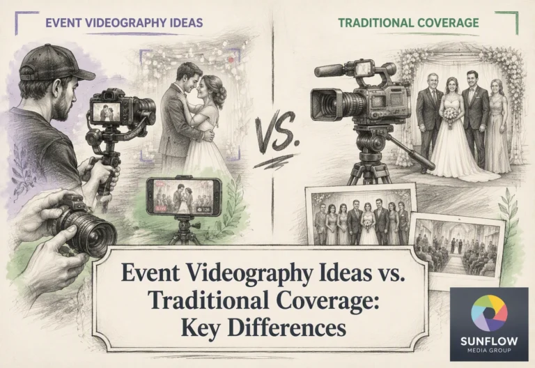 A split image contrasts event videographers using modern equipment with traditional wedding photographers; below, text reads, “Event Videography Ideas vs. Traditional Coverage: Key Differences.” Sunflow Media Group logo in corner.