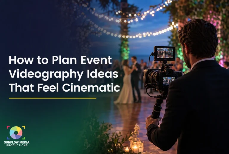 A videographer films a couple dancing at a beautifully lit event. The text reads, “How to Plan Event Videography Ideas That Feel Cinematic.” Sunflow Media Productions logo is in the lower left corner.