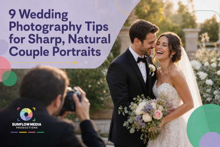 A photographer snaps a photo of a joyful bride and groom outdoors. Text reads: “9 Wedding Photography Tips for Sharp, Natural Couple Portraits.” Sunflow Media Productions logo appears in the corner.