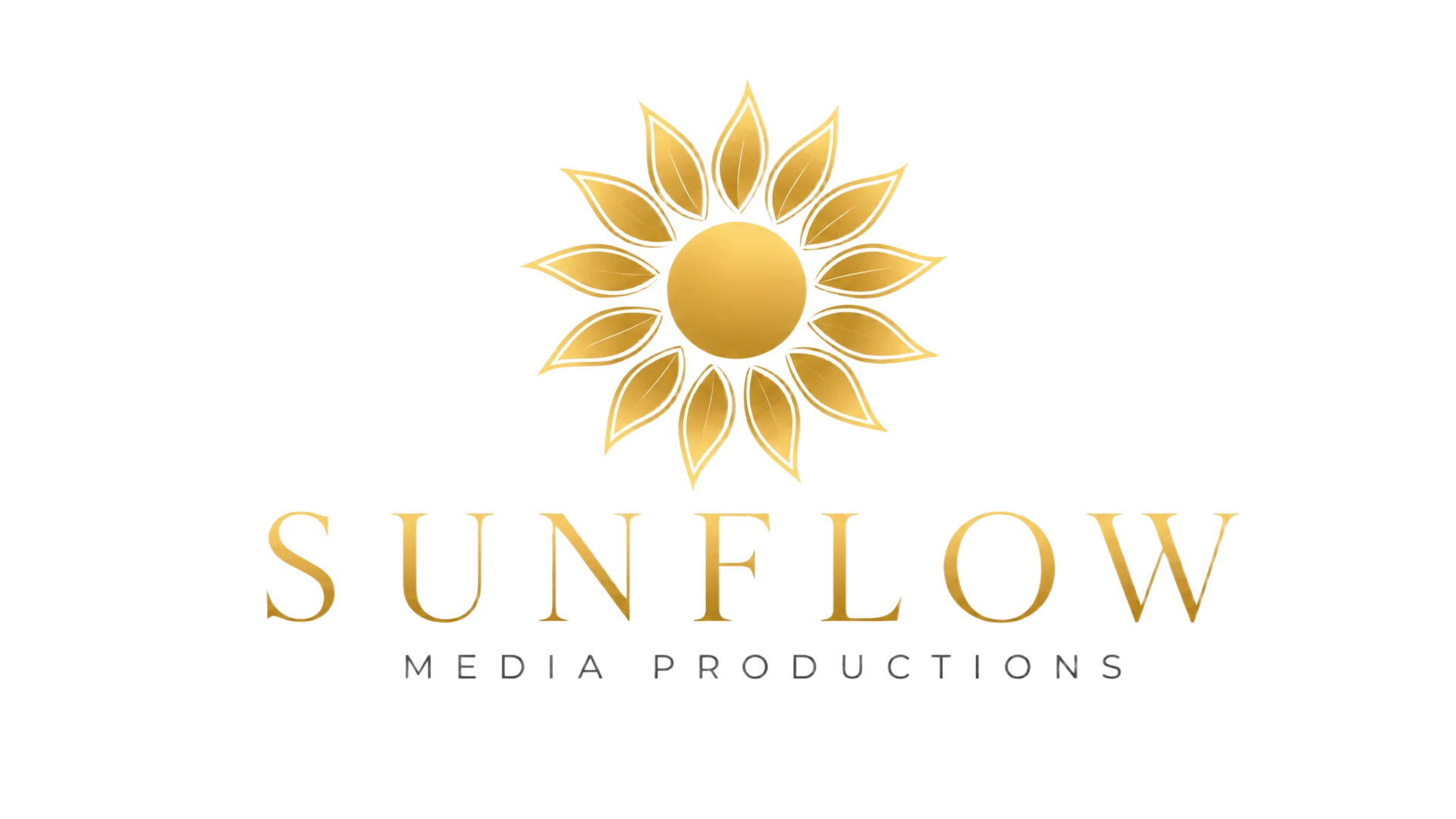 Gold sunflower graphic above the words “SUNFLOW” in large gold letters and “MEDIA PRODUCTIONS” in smaller gray letters on a white background.