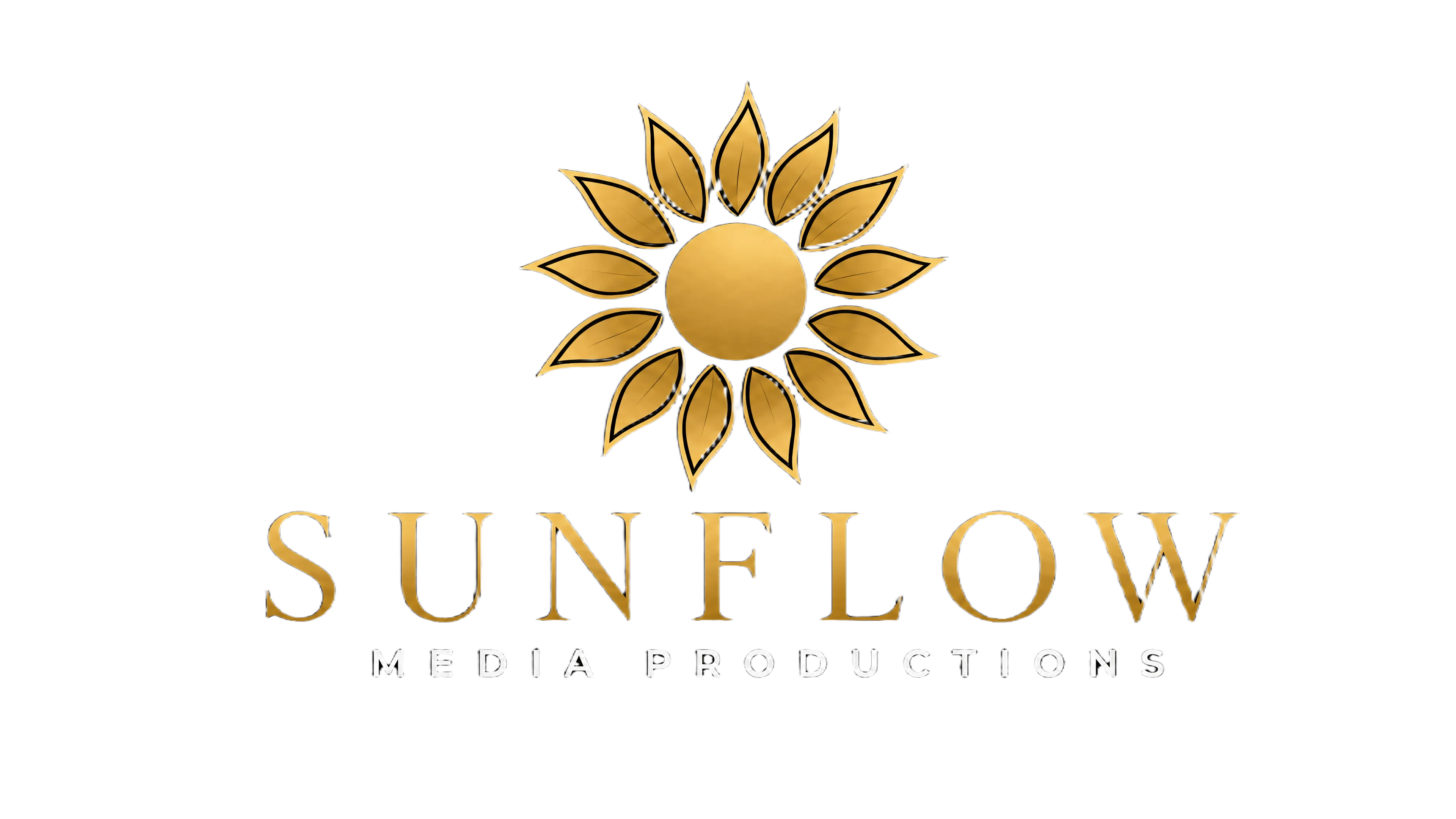 A gold sunflower emblem above the words “SUNFLOW” in large gold letters and “MEDIA PRODUCTIONS” in smaller gray letters on a light background.