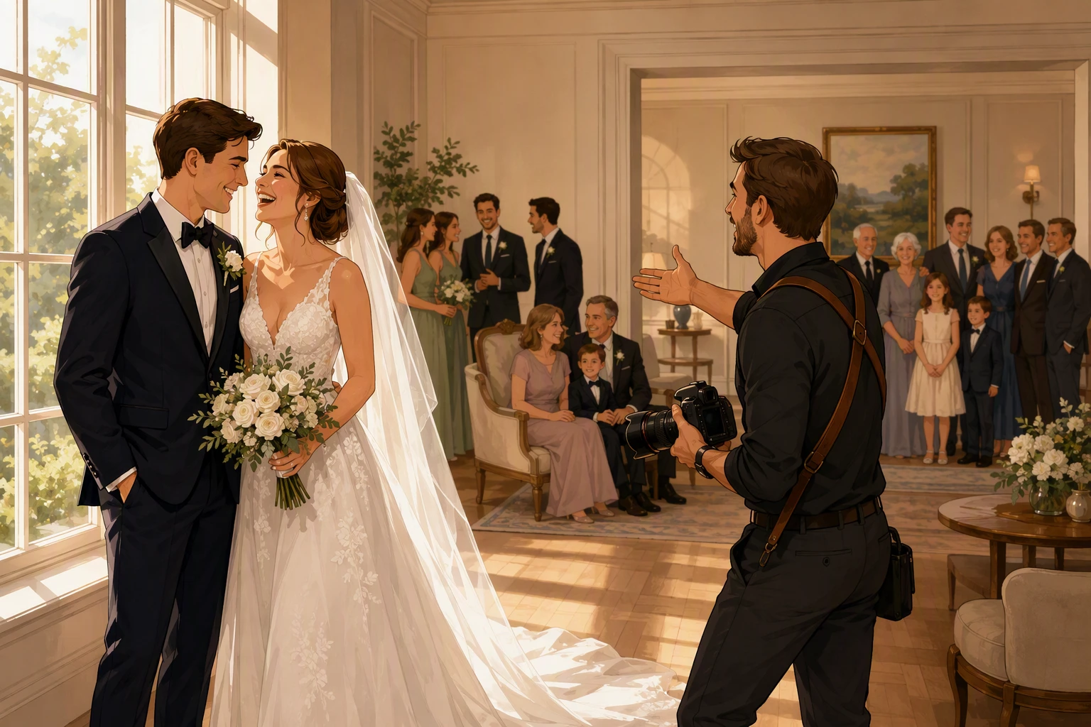 Bride and groom laughing by sunlit window