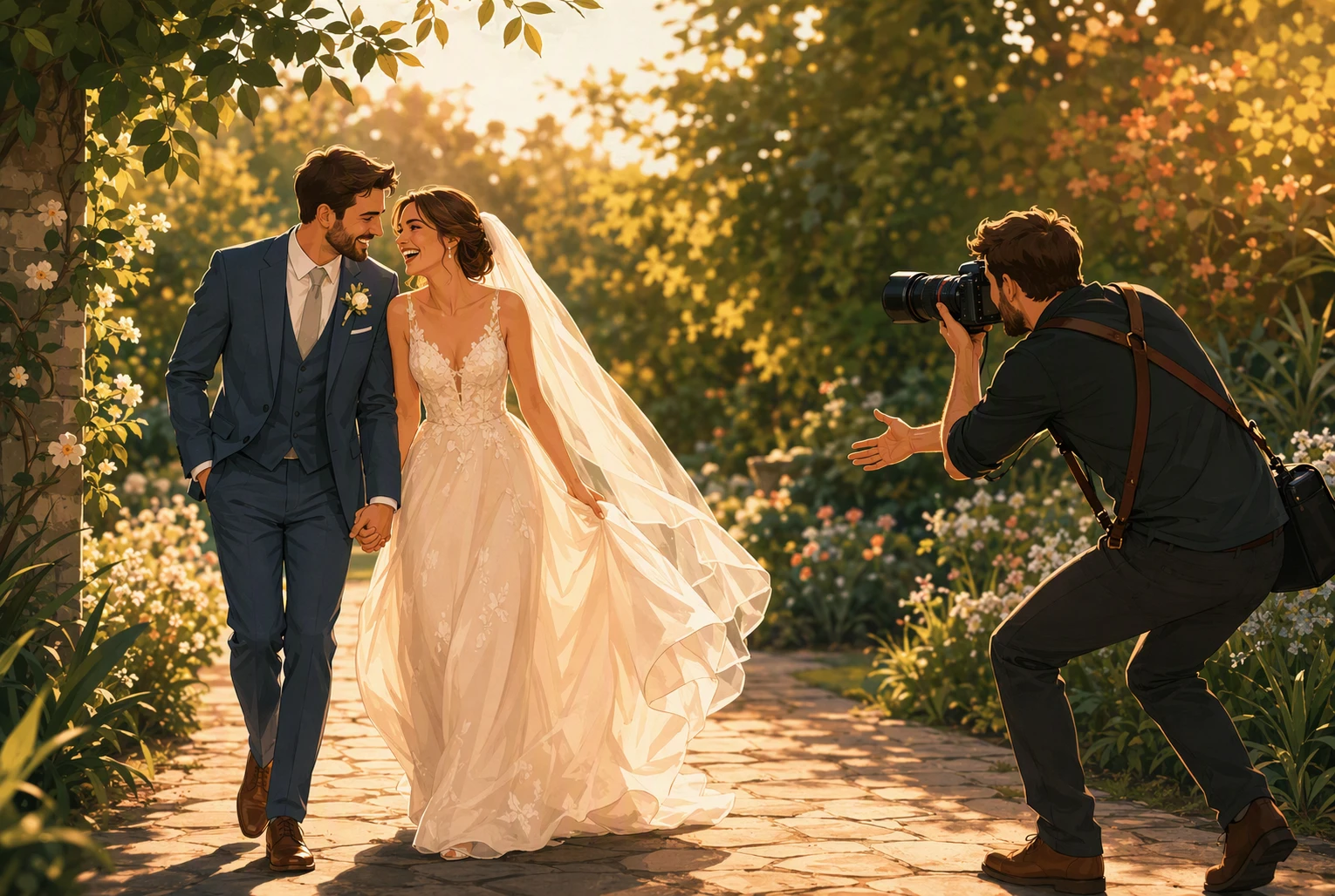 Couple walking naturally as photographer guides them