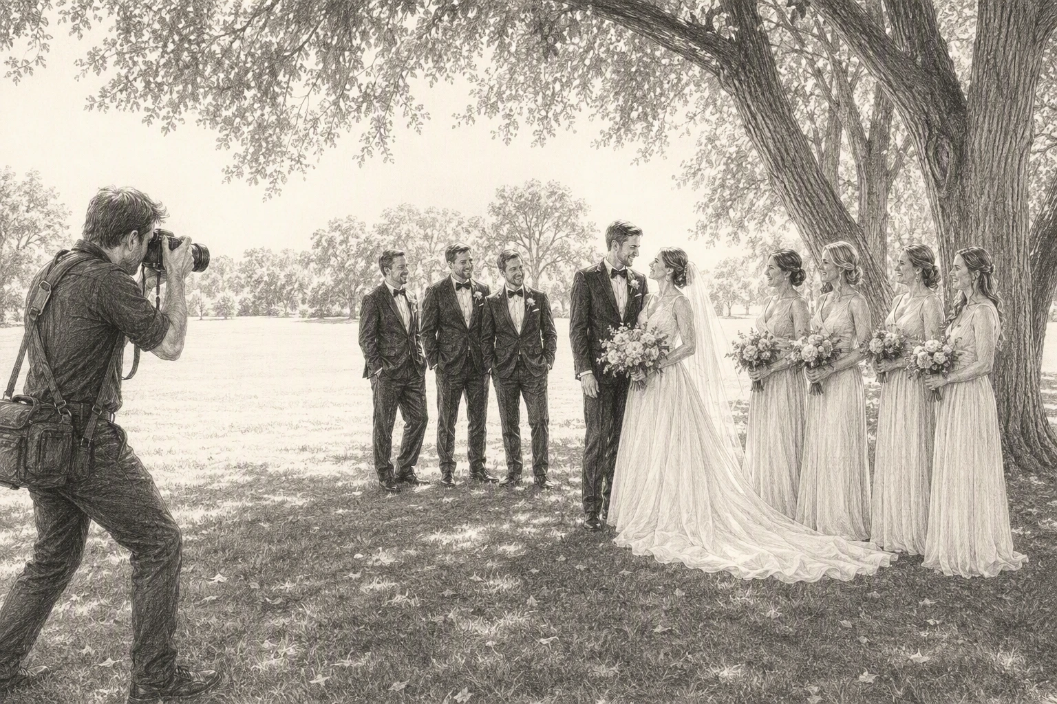 Bride and groom shaded beneath tall trees