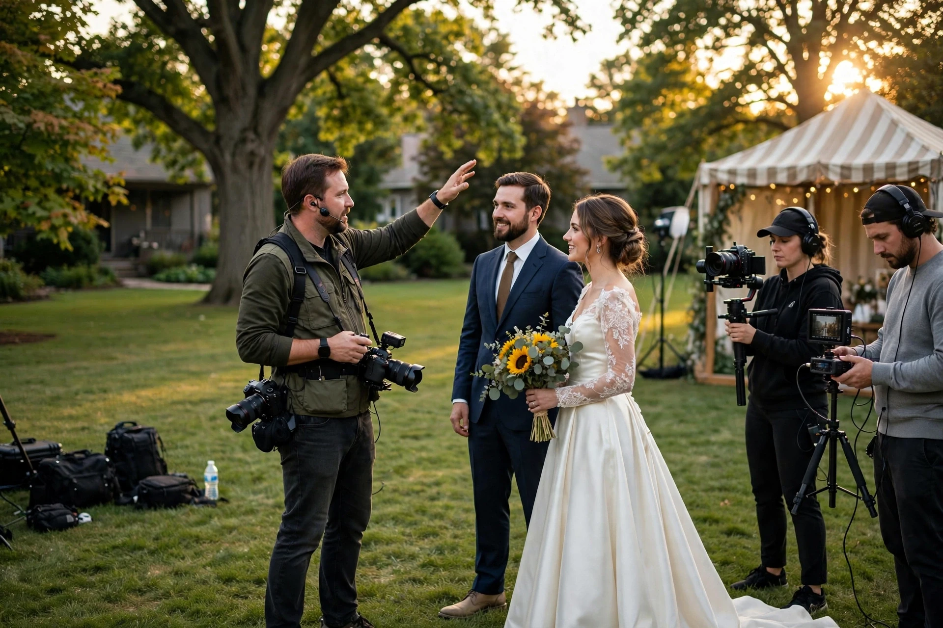 Golden-hour bride and groom directed by dual-camera photographer