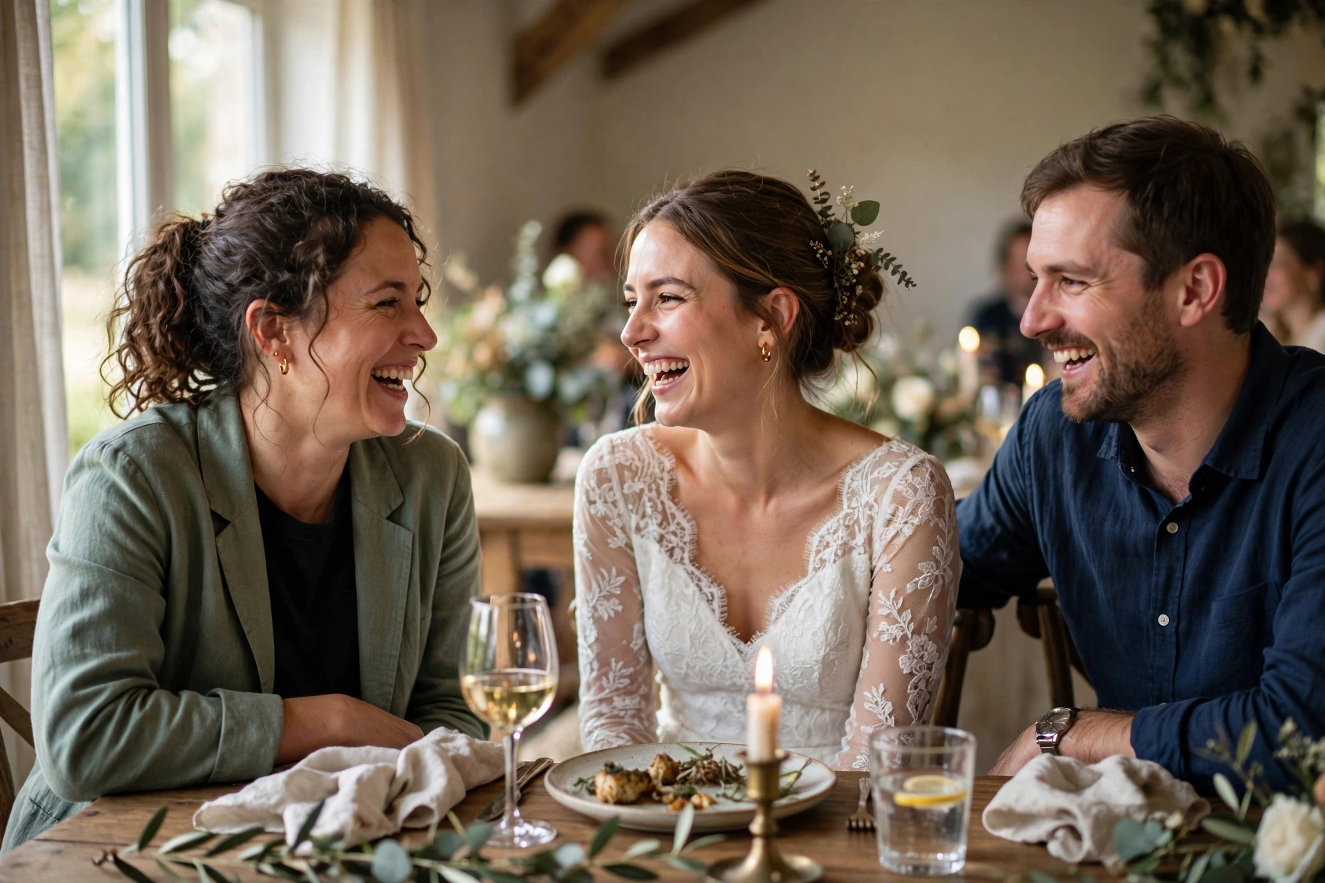 Bride laughing during candid reception toast