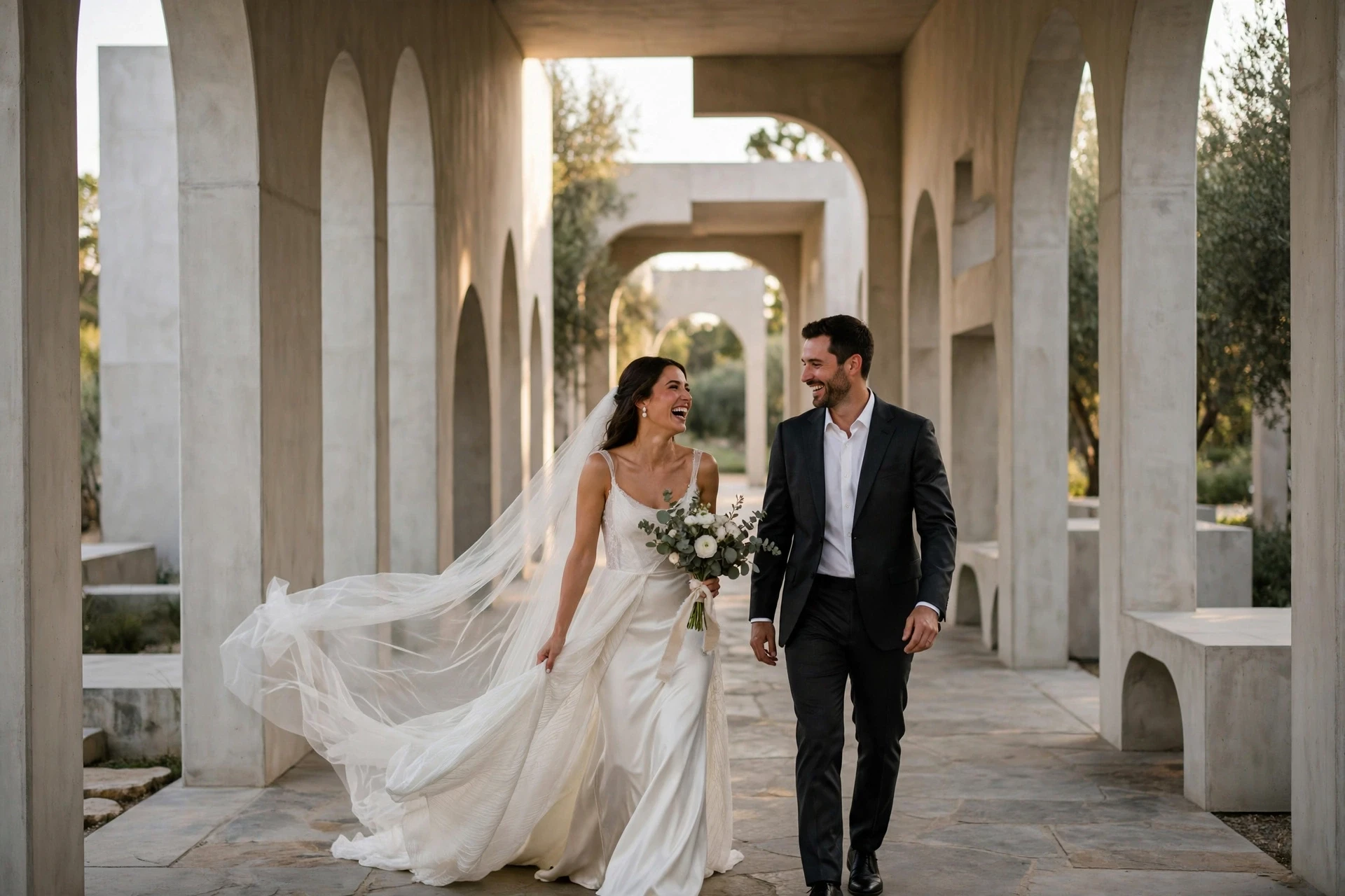 Candid couple laughing in sunlit architectural corridor